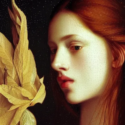 Prompt: portrait of a young woman, among the lights of golden fireflies and nature, long loose red hair, intricate details, green eyes, hint of freckles, round gentle face, happy, deep focus, smooth, sharp, golden ratio, hyper realistic digital art by artemisia lomi gentileschi and caravaggio and artgerm