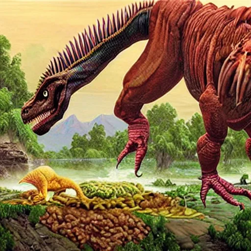 Prompt: a wonton rapper raptor, food dinosaur, dinosaur made of food, painting by james gurney