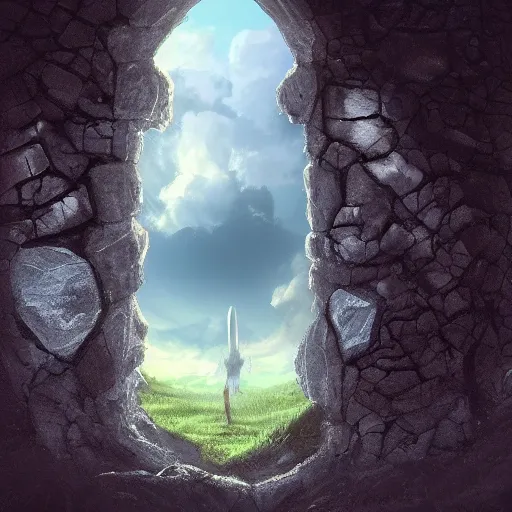 Prompt: dark portal shaped as a door open mid air air, a blue sky in the background, full of puffy clouds, grass below, matte painting, artstation trending
