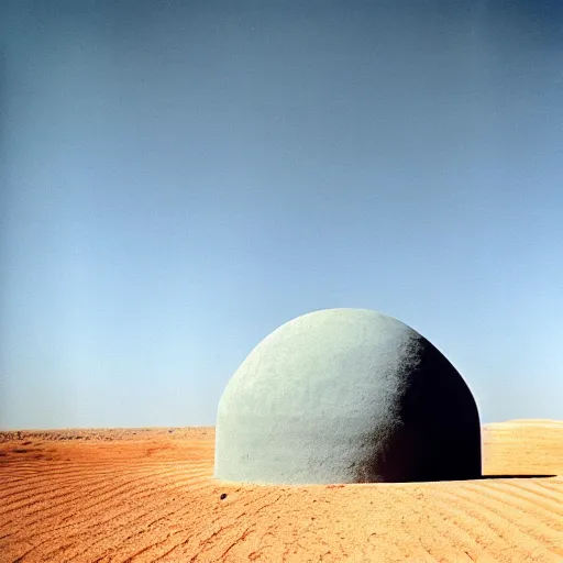 Prompt: a Non-Euclidean orb-like clay building sitting in the desert, vintage photo, beautiful cinematography, blue sky, film grain, aerial view, extreme wide shot, far away, symmetrical, in the distance, James Turrell