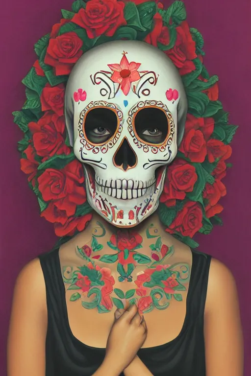 Image similar to illustration of a sugar skull day of the dead girl, art by george tooker