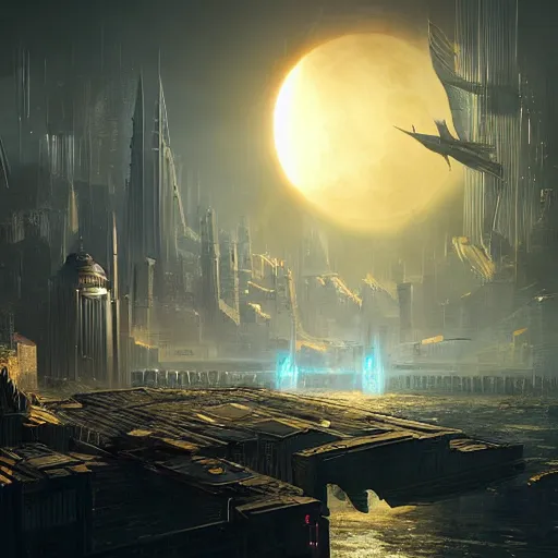 Prompt: cyberpunk Constantinople during a solar eclipse, concept art, style of Greg Rutkowski