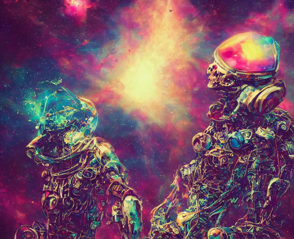 Prompt: a psychedelic cosmonaut skeleton melting tearing his suit off, rainbow melting color scheme, floating in the cosmos nebula, glass space helmet, in front of a destroyed retrofuturism spaceship covered in old technology, greg rutkowski artstation, hyperrealist, cinema4D, 8k highly detailed ❤️‍🔥 🔥 💀 🤖 🚀