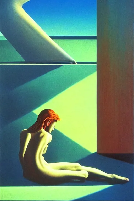 Image similar to liminal vaporwave surrealism dreams representing stream of consciousness, painted by Edward Hopper, painted by salvador dali, painted by moebius, airbrush