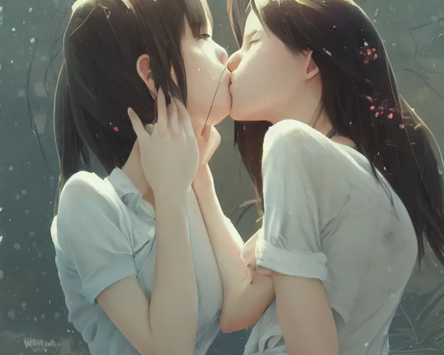 Image similar to two girls kissing and hugging, sharp details, sharp focus, elegant, highly detailed, illustration, by jordan grimmer and greg rutkowski and pine ( ハイネ ) and 薯 子 imoko and 香 川 悠 作 and wlop and maya takamura, intricate, beautiful, trending artstation, pixiv, digital art