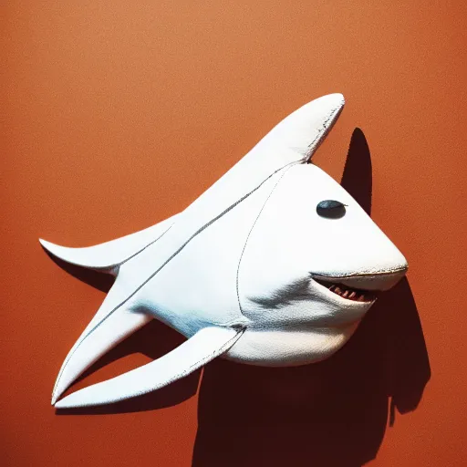 Prompt: vintage analog product photography of a white leather shark, stuffed toy, studio lighting, film grain, lensflare, color bleed, glare