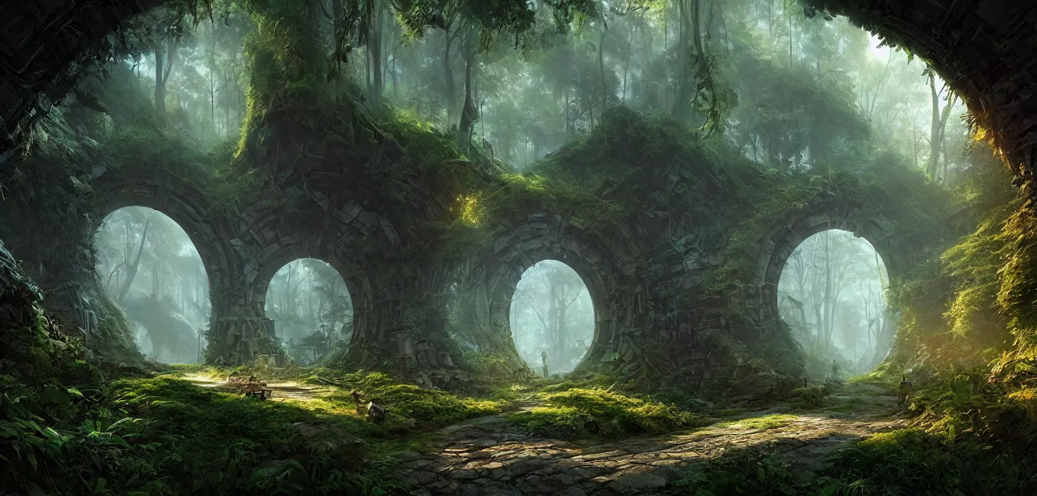 Image similar to tunnel in the middle of a forest, a matte painting by stephan martiniere, featured on cgsociety, fantasy art, matte painting, unreal engine 5, tesseract