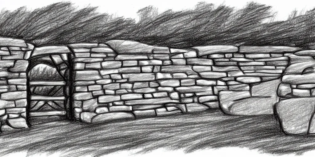 Prompt: Drawing of a large scale field landscape. single gritty stone gate as centerpiece. Stylized. Digital art. 8k. Evocative.