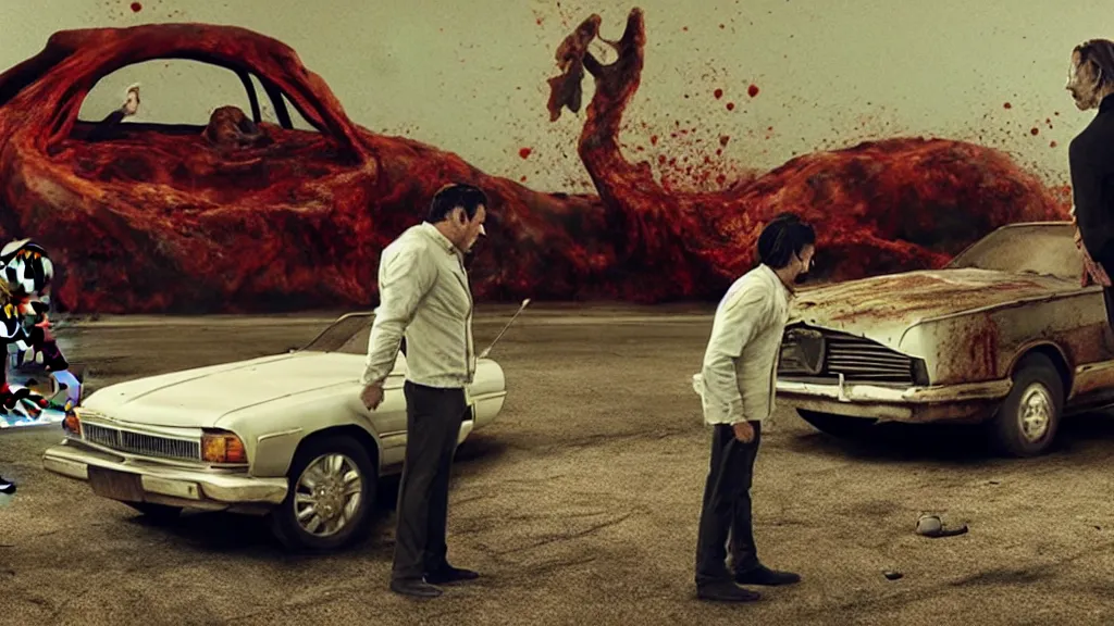 Image similar to the creature sells a used car, made of wax and blood, film still from the movie directed by Denis Villeneuve with art direction by Dalí, wide lens