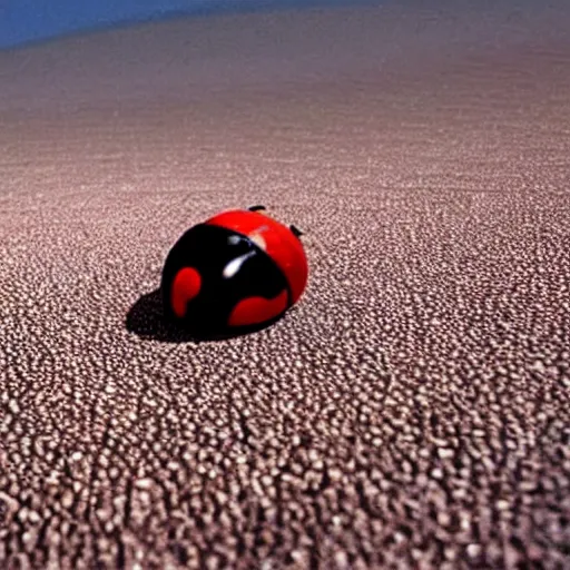 Prompt: promotional still wide angle, a mountain - sized ladybug with three legs roams a barren wasteland, dramatic lighting, ( e. t. the extra - terrestrial ), batteries not included, harry potter, imax, 7 0 mm.