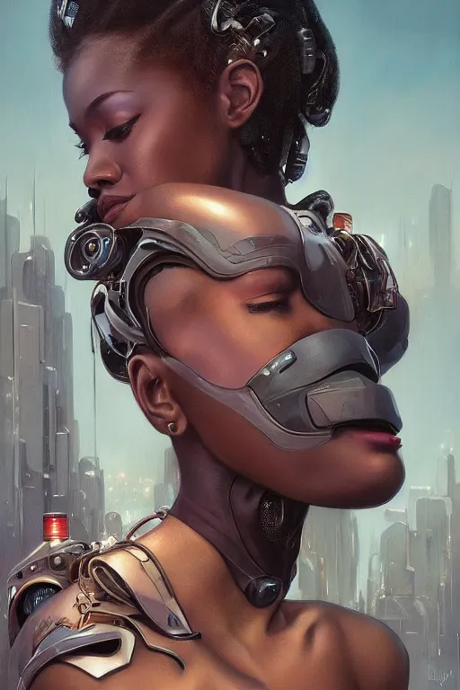 Image similar to ultra realistic illustration, closeup portrait, black mixed beautiful woman, hugging a robot, cyberpunk, sci - fi, fantasy, intricate, elegant, highly detailed, digital painting, artstation, concept art, smooth, sharp focus, illustration, art by artgerm and greg rutkowski and alphonse mucha