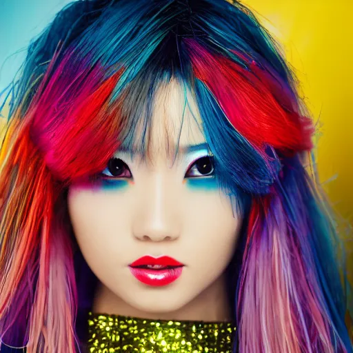 Image similar to japanese model with maximalist hair style and makeup, bright colors, fashion model, portrait shot, glitter, depth of field, 8 k, hyper detailed, intricate, trending on artstation