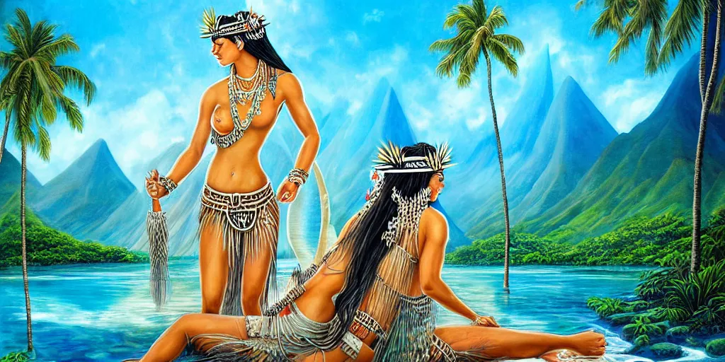 Prompt: polynesian peace goddess, crystal clear lemuria sunken architectural marvels, crisp realistic fantasy art painting
