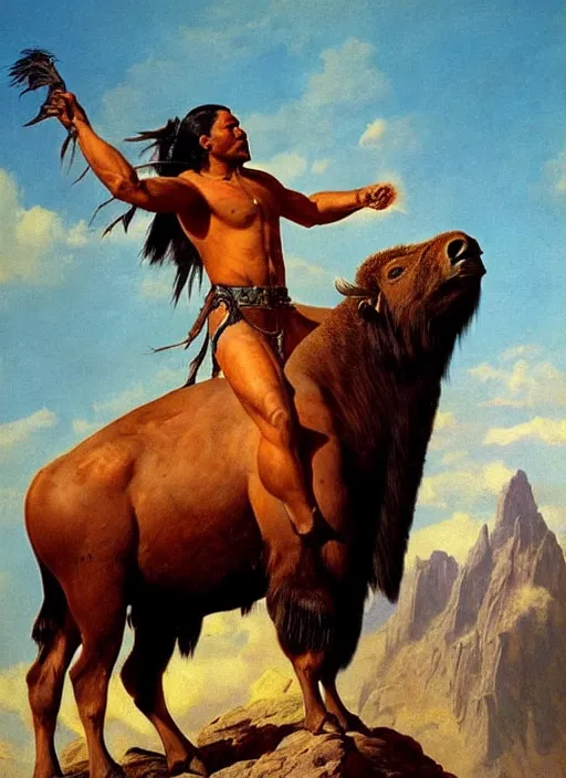 Image similar to beautiful native american riding bison, buffalo, powerful native american warrior, mountain range, beautiful sky, standing on the edge of a cliff, nineteenth century, painted by frazetta