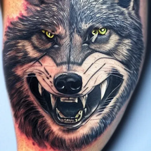 Image similar to tattoo of close up portrait photo of an angry wolf with huge teeth, 8k,