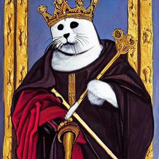 Prompt: oil painting of a baby harp seal dressed as a medieval king in golden medieval armor and wearing a golden crown, holding a royal scepter, in the style of a Byzantine painting