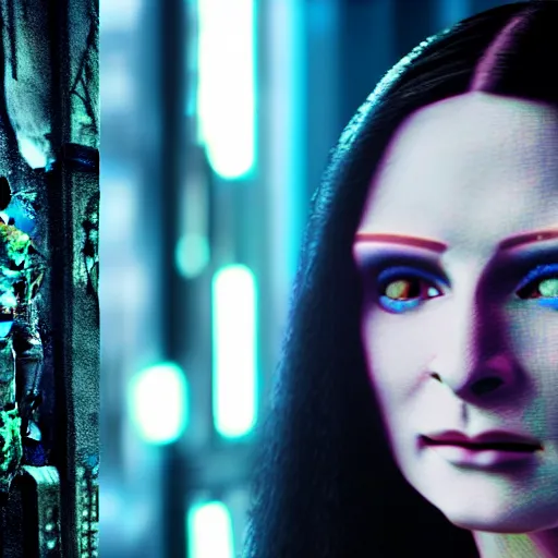 Prompt: cinematic movie still of cybernetic character named Mona Lisa in Neuromancer, futuristic eye implant, cyberpunk, XF IQ4, 150MP, 50mm, F1.4, ISO 200, 1/160s, twilight in the city