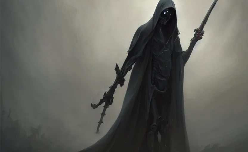 Prompt: the grim reaper, standing, dark background, soft grey and blue natural light, intricate, digital painting, artstation, concept art, smooth, sharp focus, illustration, art by greg rutkowski and luis rollo and uang guangjian and gil elvgren, symmetry!