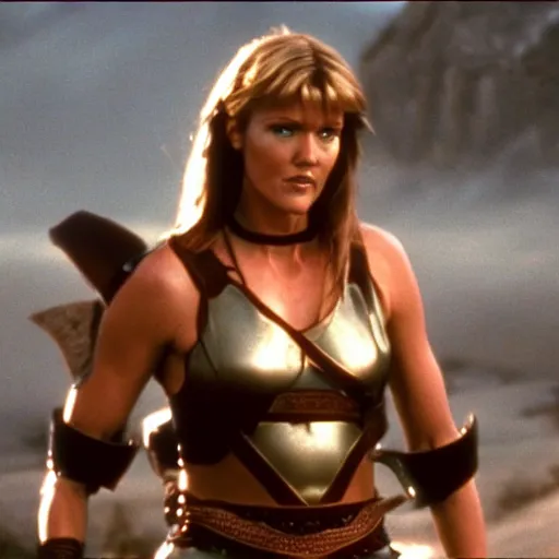 Prompt: tricia helfer as xena warrior princess, movie still, 4k