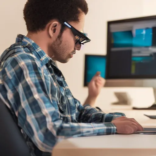 Prompt: human looking duck working on computer wearing glasses, 4K,