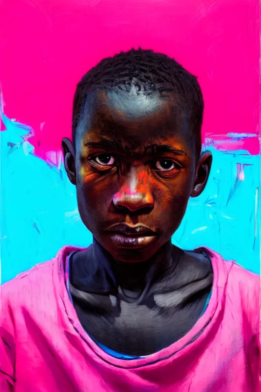 Prompt: portrait of a african young angry boy painted in acrylic, pigment, in the colors hot pink and cyan, beautiful realistic face, rule of thirds, spotlight, by greg rutkowski, by jeremy mann, by francoise nielly, by van gogh, by ross tran, in focus