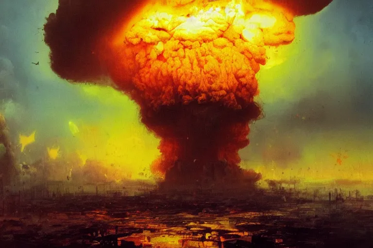 Prompt: Mushroom cloud of an atom bomb explosion in Mumbai, by Carl Gustav Carus, by Wadim Kashin, by Paul Lehr, oil on canvas, masterpiece, trending on ArtStation, detailed, sharp, artgem, 8K