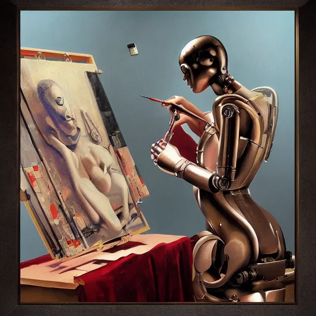 Prompt: robot artist painting a self - portrait on a canvas. detailed digital matte painting in the style of gil elvgren and in the style of wayne barlowe. irony, recursion, inspiration.