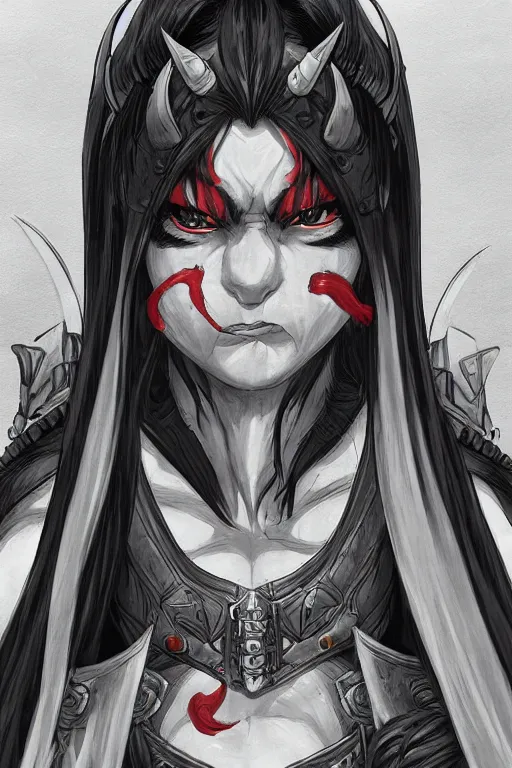 Image similar to portrait of a female orc warrior in Yusuke Murata style, D&D, dungeons and dragons, anime, manga, rpg, jrpg, pixiv, trending on artstation, HD