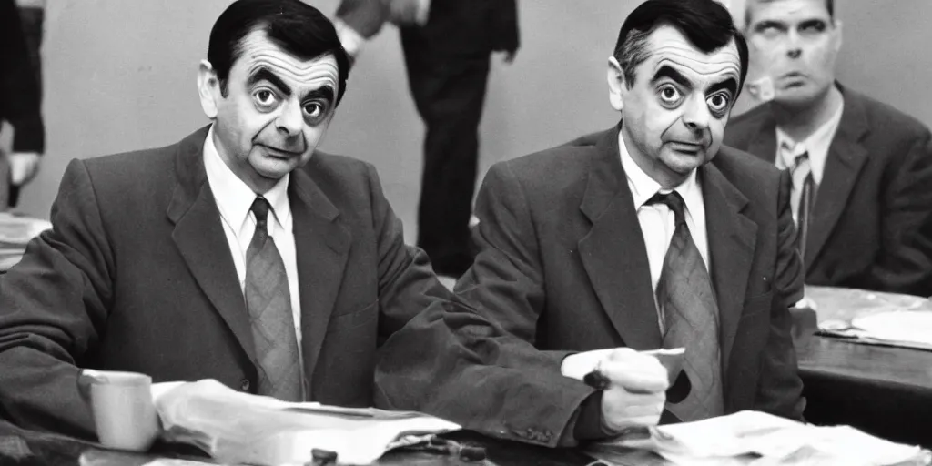 Prompt: Mr Bean (Rowan Atkinson) at the Nuremberg trials 1945, black and white photograph