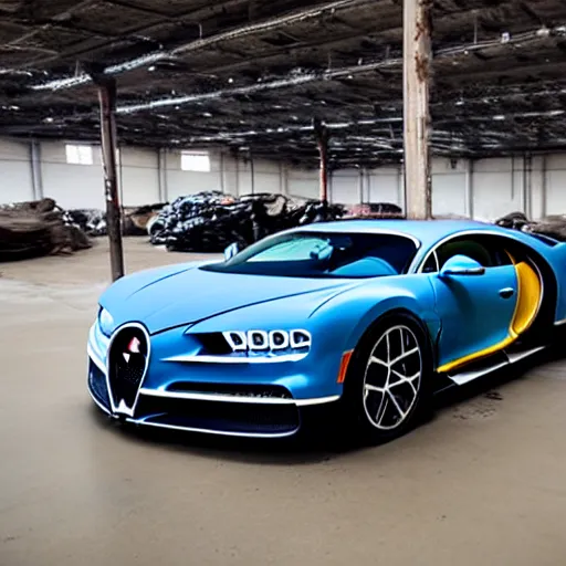 Image similar to an abandoned, derelict, rusty bugatti chiron in a dirty warehouse