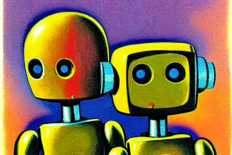 Prompt: a cute little robots painting by kelly freas