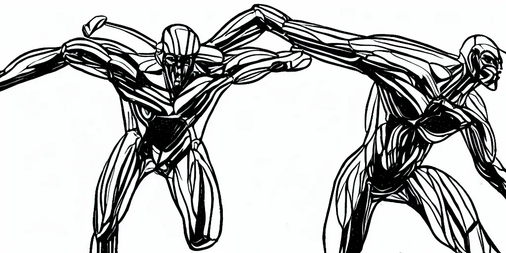 Prompt: a simple black and white pencil storyboard sketch of a giant humanoid athletic sleek futuristic humanoid android powering up as small floating particles swirl around it, lines of energy