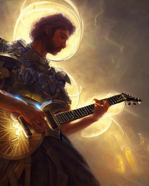 Prompt: a portrait of a holy paladin of the light shredding an electric guitar by daniel gerhartz, by jon foster, detailed render, epic composition, cybernetics, 4 k realistic, cryengine, realistic shaded lighting, sharp focus, masterpiece, by enki bilal
