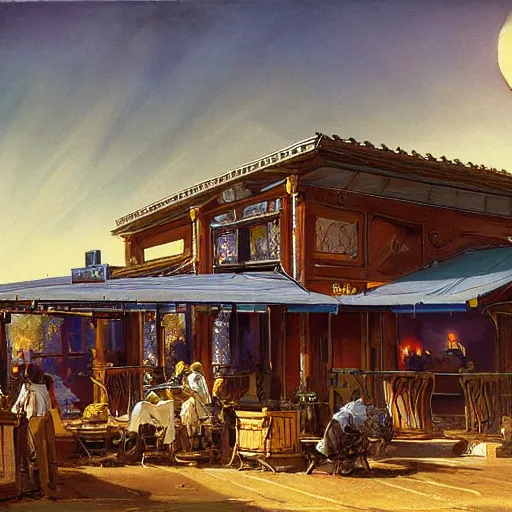 Image similar to painting of syd mead artlilery scifi organic shaped diner exterior with ornate metal work lands on a farm, fossil ornaments, volumetric lights, purple sun, andreas achenbach