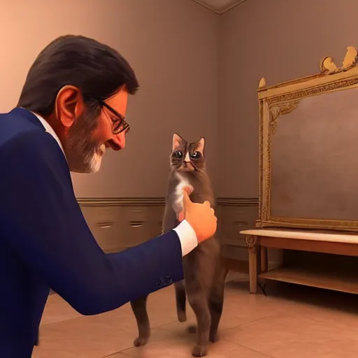 Image similar to mariano rajoy petting kitties, realistic, 4k, unreal engine, lumine,