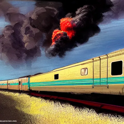 Image similar to train billowing smoke as it goes over a mountain, concept art, illustrated, highly detailed, high quality, bright colors, optimistic,