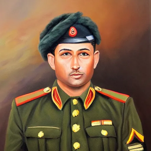 Image similar to detailed oil painting of a man in khaki army uniform. Portrait.