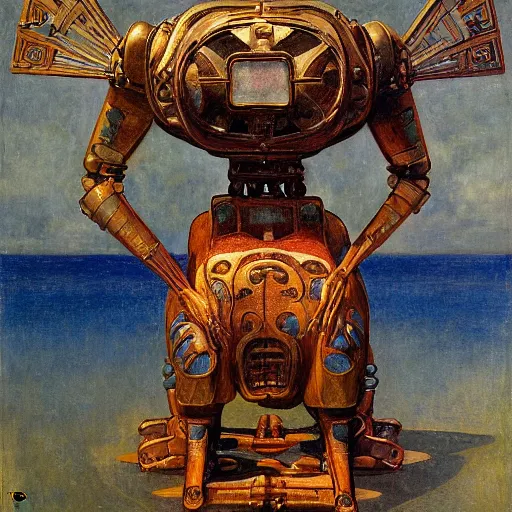 Image similar to sculpture of an ornate robot cat, by annie swynnerton and diego rivera and nicholas roerich and jean delville, symbolist, dramatic lighting, god rays, art brut, rich colors, smooth, sharp focus, extremely detailed, adolf wolfli, by janet fish and ( donato giancola and bilibin )