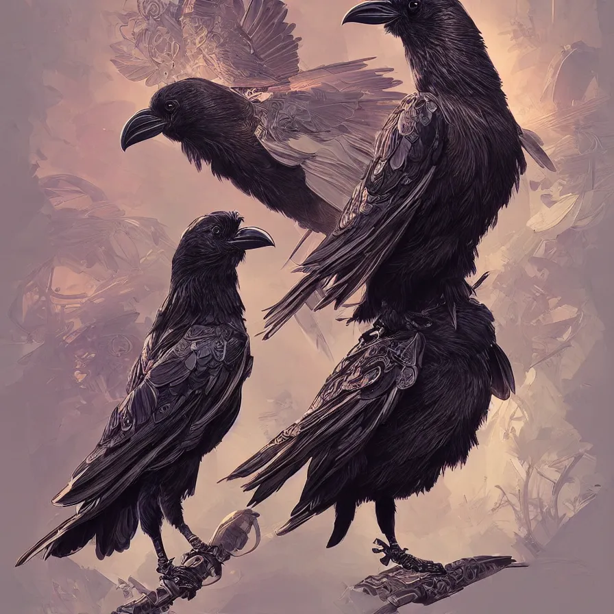 Image similar to beautiful black raven bird with ornate armor, cute, intricate, highly detailed, digital painting, trending on artstation, concept art, smooth, sharp focus, backlit, rim light, vivid colors, illustration, unreal engine 5, 8 k, art by rossdraws and alphonse mucha