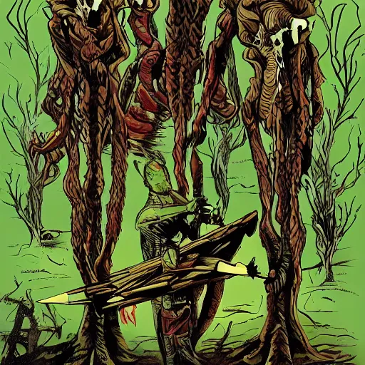 Prompt: sci - fi, hunters of monsters walking in a meat and bone forest, art by oscar chiconi