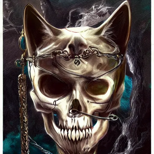 Image similar to cat skull tarot card, digital, rider waite card, painting, ultradetailed, artstation, oil painting, ultradetailed, artstation