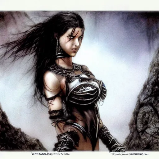 Image similar to female warrior, black hair, cinematic, by luis royo