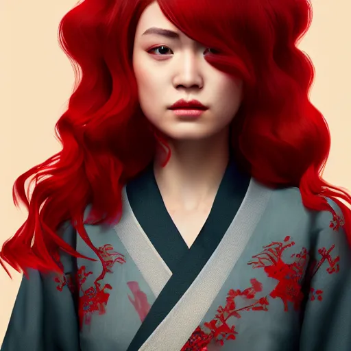 Prompt: a girl with red hair in a kimono, style of julia razumova, portrait, unreal engine, octane rendering, 8 k, closeup headshot, smooth, trending on artstation, digital illustration,.