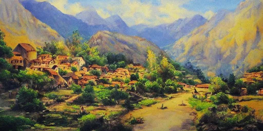 Image similar to very very very beautiful painting of a village between mountains