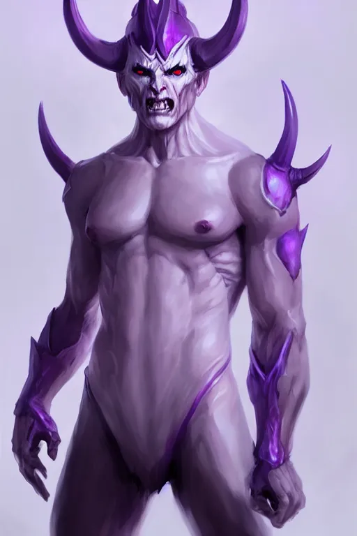 Prompt: human male demon, full body white purple, character concept art, costume design, black eyes, white horns, trending on artstation, Artgerm , WLOP