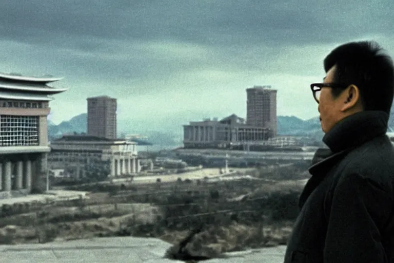 Image similar to a filmstill of Kim Jong-il looking at Starro Kaiju monster destroying Pyongyang, in Stalker (1979) by Andreï Tarkovski, traditional Korean city, palace, epic ultrawide shot, cinémascope