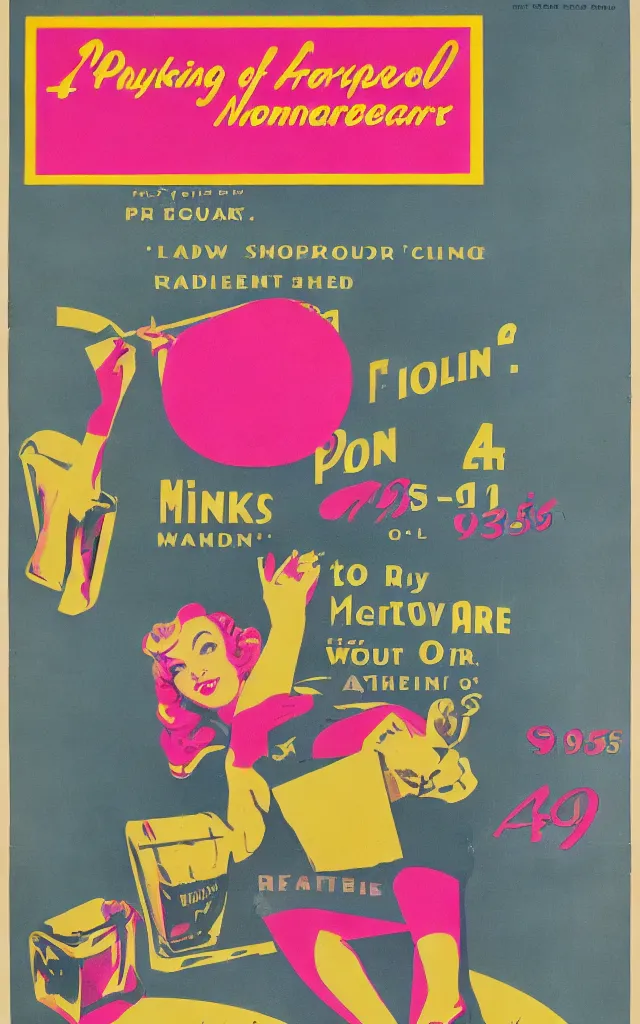 Prompt: advertising of a 1 9 5 0 s supermarket, poster, pink and yellow palette, playbill