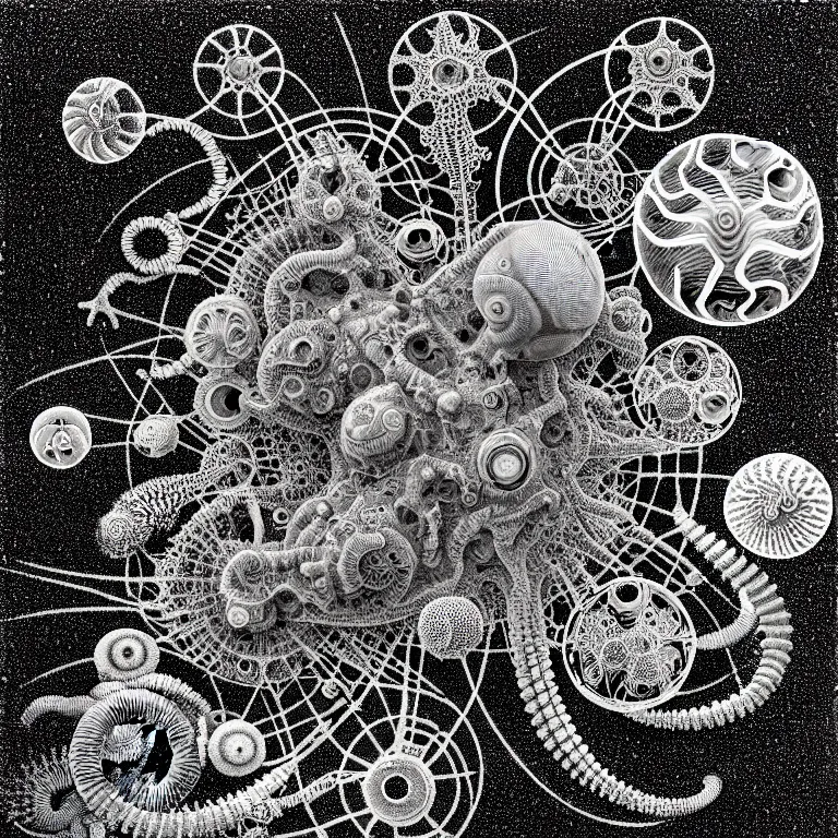 Image similar to a black and white drawing of a variety of sea life and filled with gundam mech equipment space station, a microscopic photo by ernst haeckel, zbrush central, kinetic pointillism, bioluminescence, biomechanical, intricate patterns, photoillustration