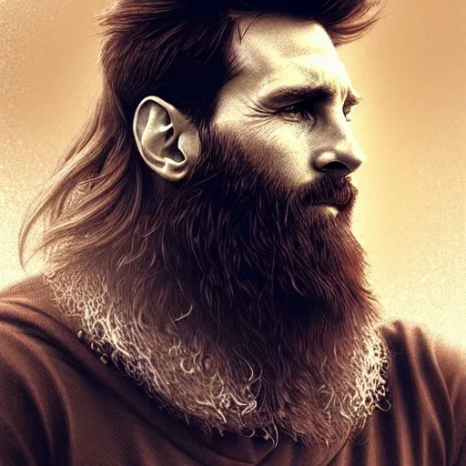 Image similar to Messi with a majestic beard, closeup, D&D, fantasy, intricate, elegant, highly detailed, digital painting, artstation, concept art, matte, sharp focus, illustration, art by Artgerm and Greg Rutkowski and Alphonse Mucha