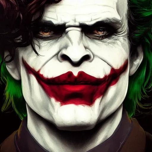 Image similar to [Rossi de Palma as the Joker, closeup, D&D, intricate, elegant, highly detailed, digital painting, artstation, concept art, matte, sharp focus, illustration, art by Artgerm and Greg Rutkowski and Alphonse Mucha]